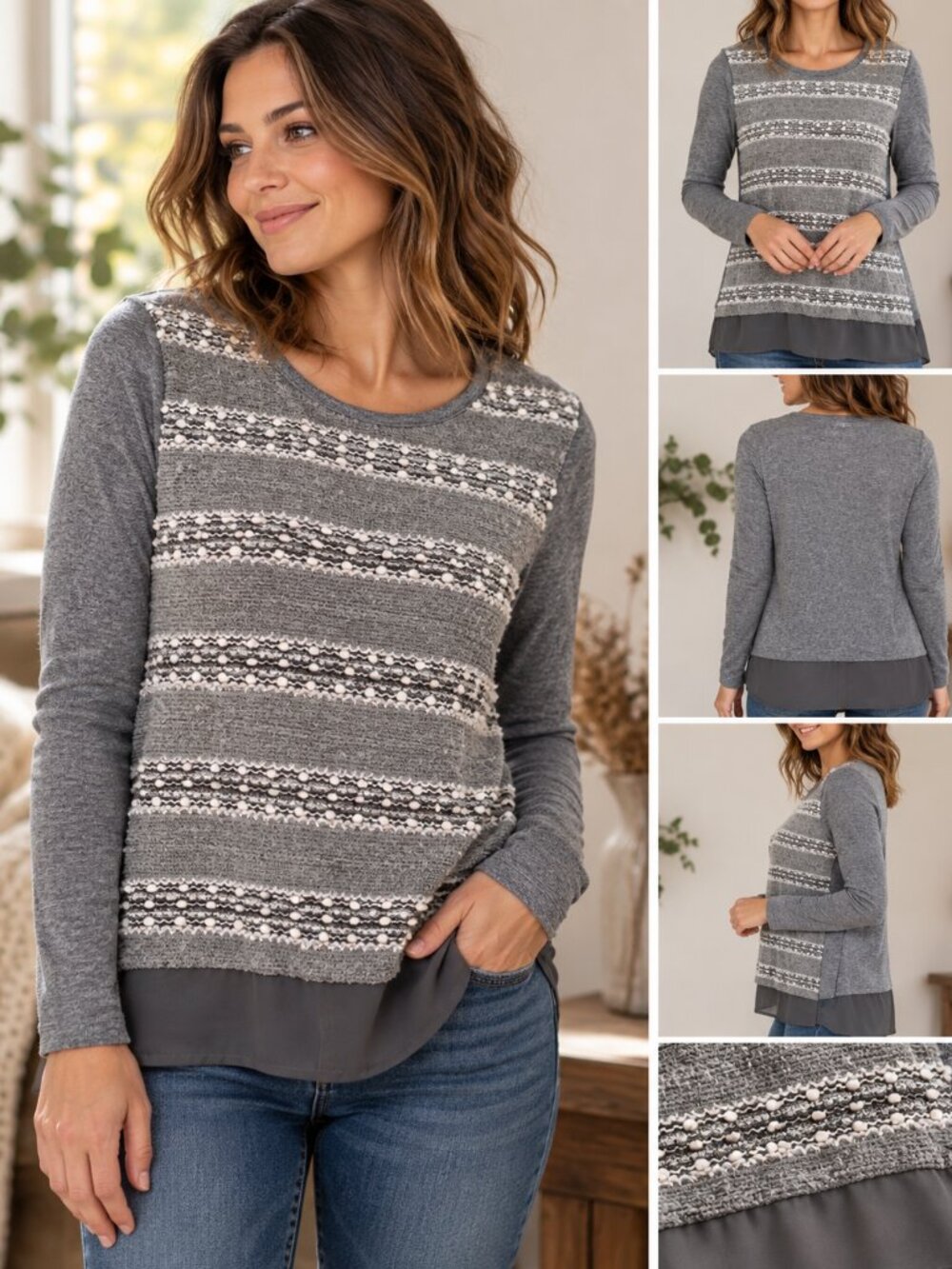 Gray Textured Mixed Media Long Sleeve Top Layered Chiffon Hem